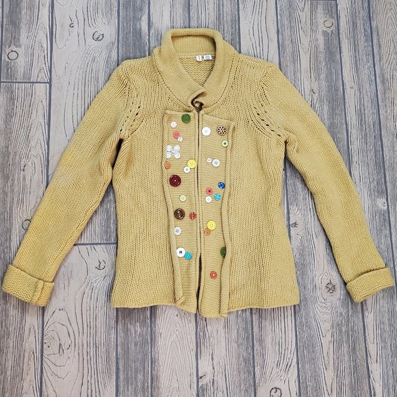 Women's Anthropologie / Moth Mustard Yellow Button Knit Sweater 100% Wool Sz L - Picture 1 of 8